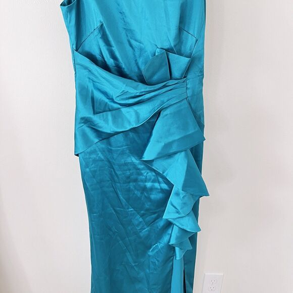 Eliza J Ruffle Satin Jade Green Mermaid Gown Size 10 - Picture 10 of 10